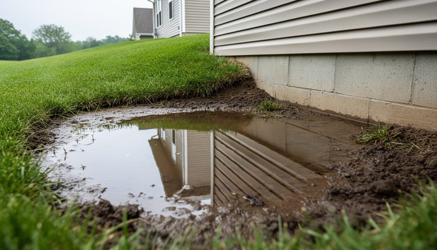 Standing water pooled against residential house foundation showing drainage problem