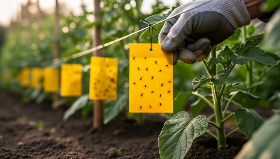 Yellow sticky trap with captured insects used for monitoring pest populations in ornamental garden