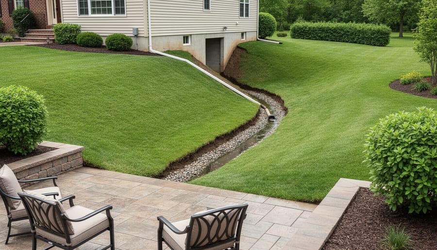 Well-maintained residential lawn with proper grading and healthy grass growth