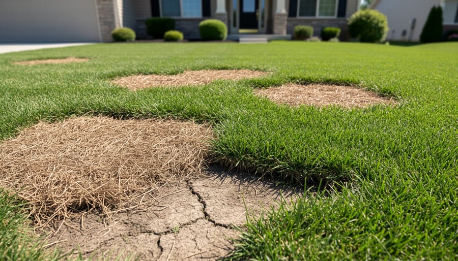 Residential lawn showing contrast between brown stressed patches and green healthy grass areas