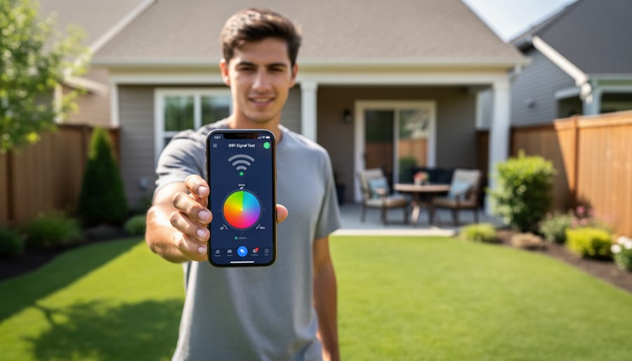 Overhead view of person using smartphone to test WiFi signal strength in backyard