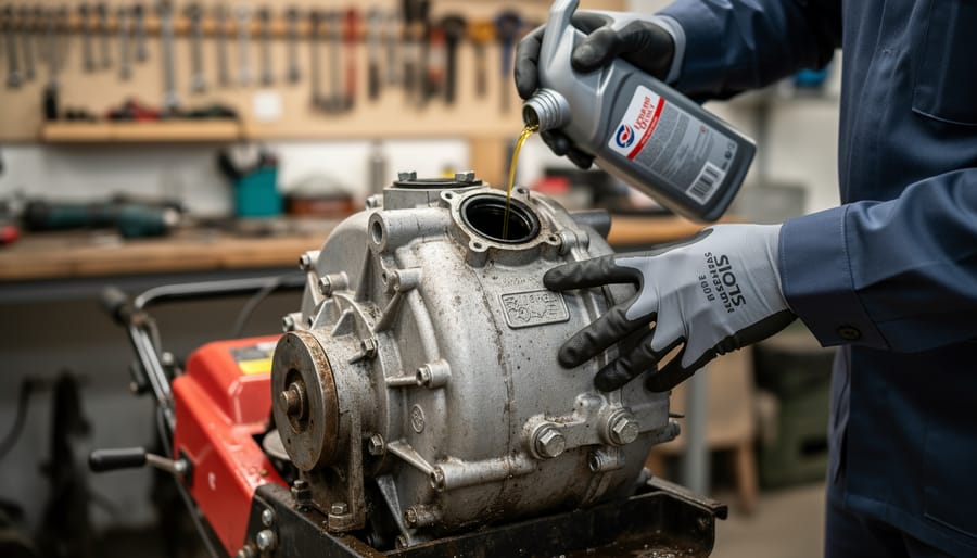 Detailed view of soil tiller gearbox showing housing and maintenance access points