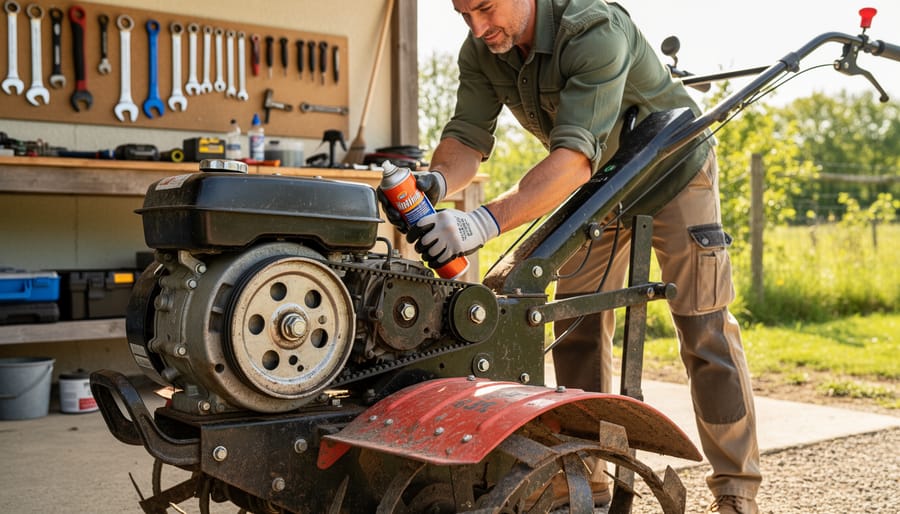 Gardener applying lubricant to tiller during routine maintenance