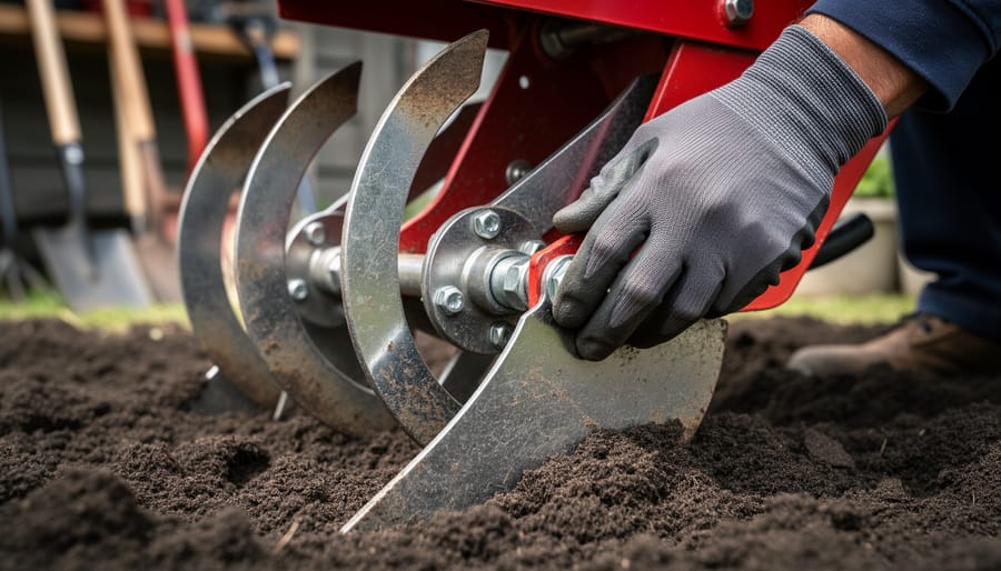Close-up of soil tiller tines with dirt and debris from recent use