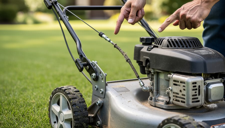 Close-up view of Toro lawn mower drive cable and connection mechanism