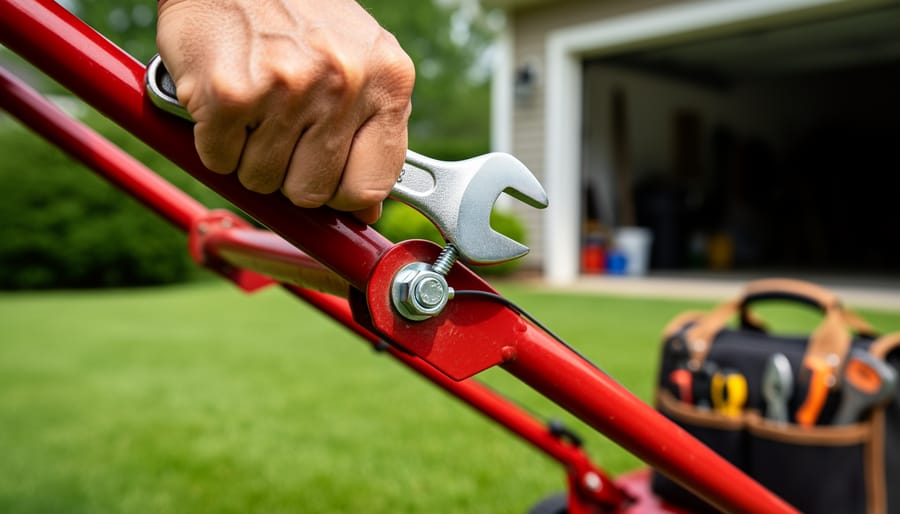 Close-up of a person using a wrench to tighten the drive cable tension nut on the handle of a red self-propelled lawn mower, with a blurred lawn and garage in the background.