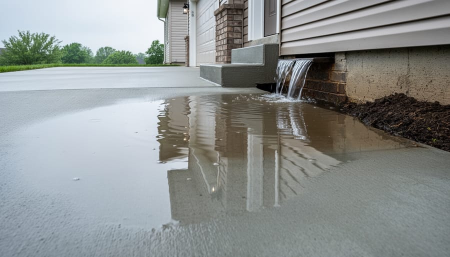 Standing water pooling on traditional concrete patio after rainfall