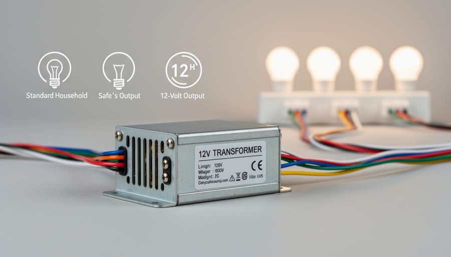 Low-voltage lighting transformer mounted on house exterior with connected cables