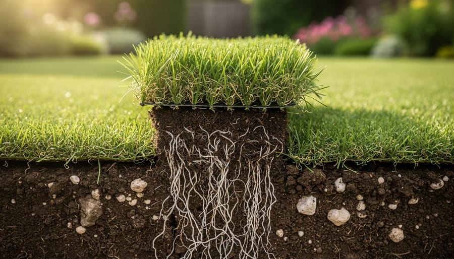 Close-up of a turfgrass plug showing a soil cross-section with dense white roots and small pale mineral granules, with a softly blurred lawn in the background