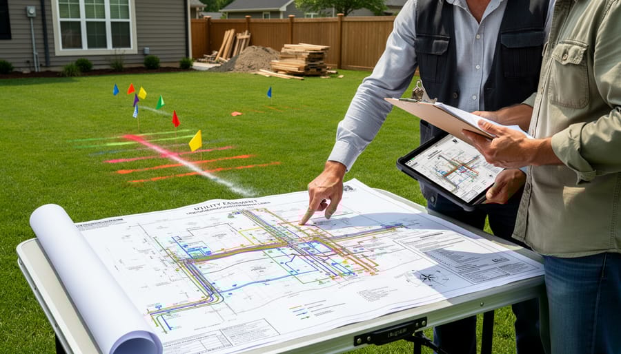 Overhead view of utility easement map document on desk showing property lines and utility markings