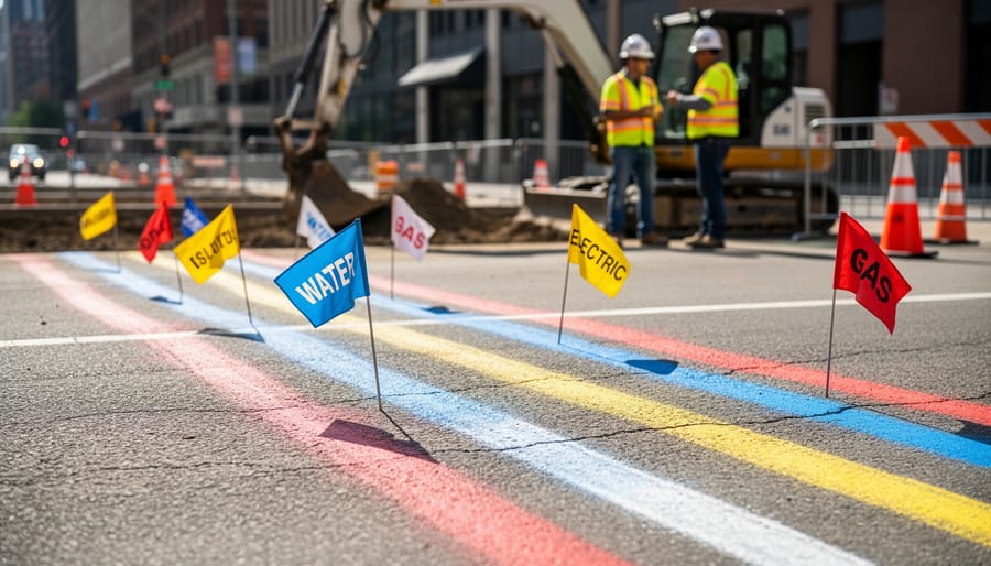 Colorful utility marking flags and spray paint lines on residential lawn indicating underground utilities