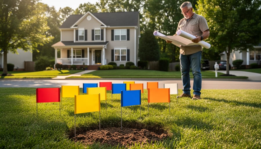 Colored utility marking flags in residential lawn indicating buried utility lines