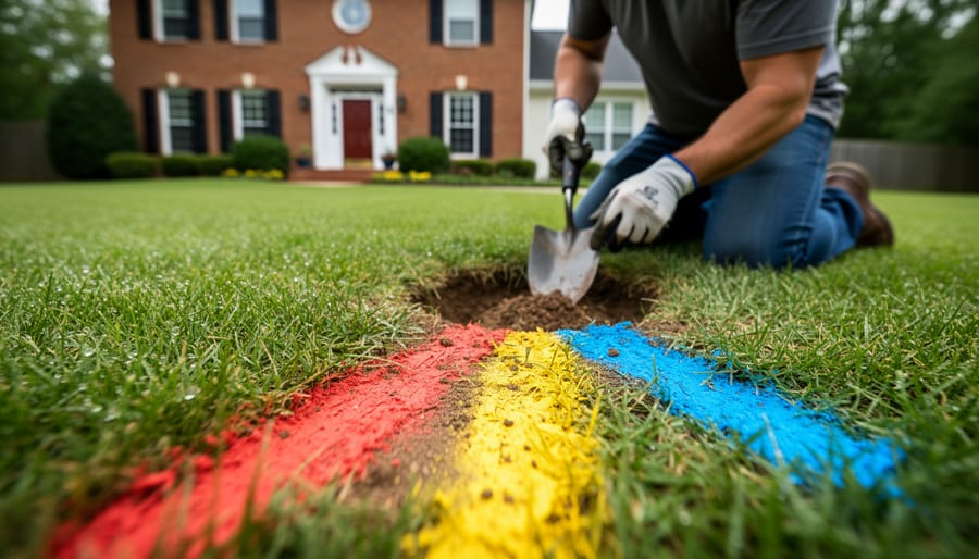Color-coded utility flags and spray-painted lines marking underground services on a green suburban lawn, with a gloved homeowner kneeling nearby; a brick colonial house softly blurred in the background.