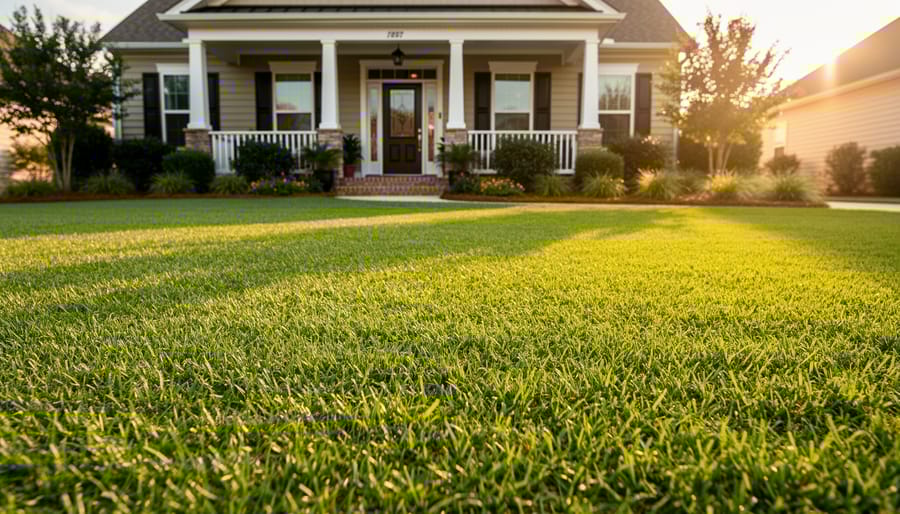 Dense, vibrant Bermudagrass lawn thriving in midsummer sunlight in a Southern suburban front yard with a softly blurred home and drought-tolerant shrubs in the background.