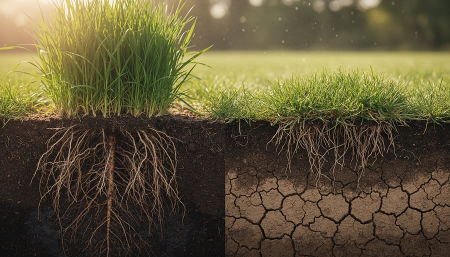 Close-up of warm-season grass showing extensive deep root system with soil attached