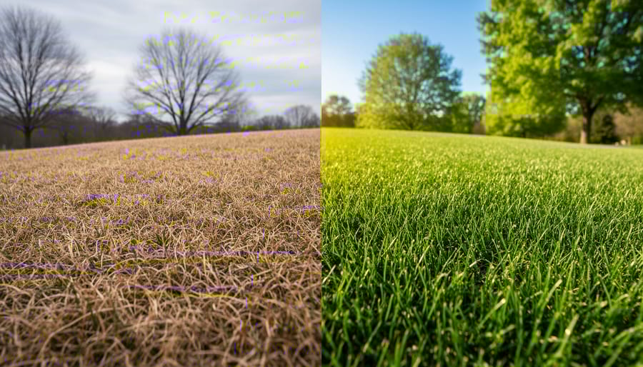 Comparison of warm-season grass lawn showing winter dormancy and summer active growth