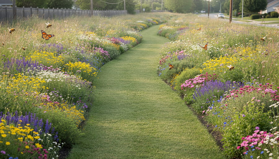 Colorful native wildflower garden with pollinator-friendly plants in residential yard