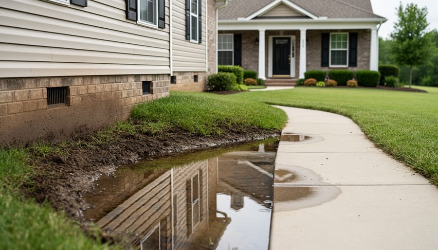 Standing water pooling on residential lawn near house foundation showing drainage issues