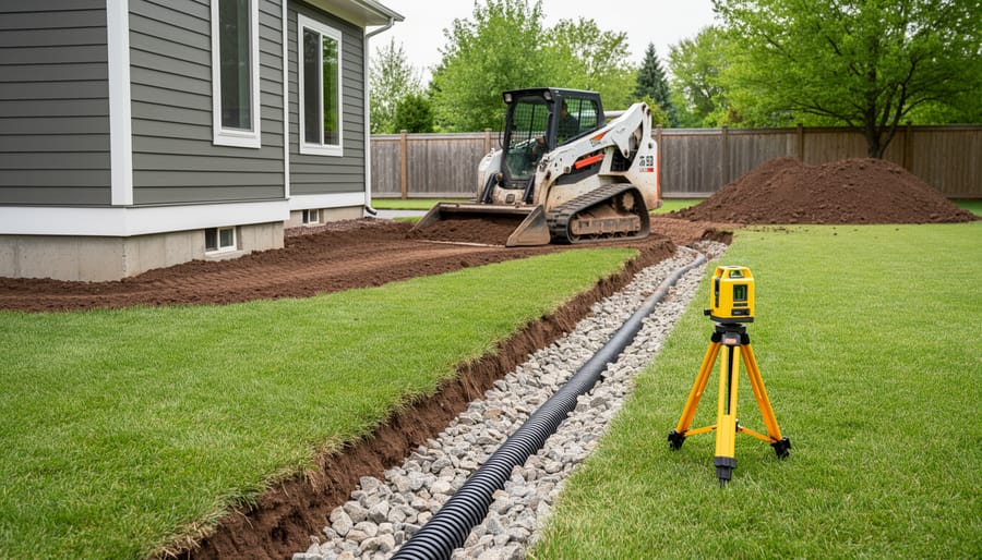 Residential backyard grading in progress with a compact track loader shaping soil away from a house foundation, an open French drain trench filled with gravel and perforated pipe, and a laser level on a tripod under bright overcast light; fence and trees softly blurred in the background.