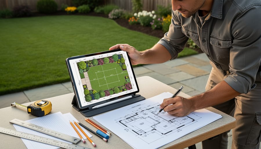 Aerial view of person walking yard perimeter with smartphone for GPS measurement
