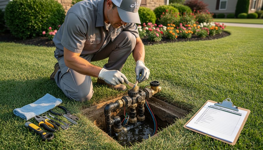 Hands disassembling drip irrigation zone valve for cleaning and maintenance