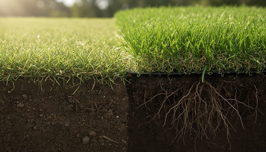 Cross-section view of zoysia grass showing deep extensive root system in soil