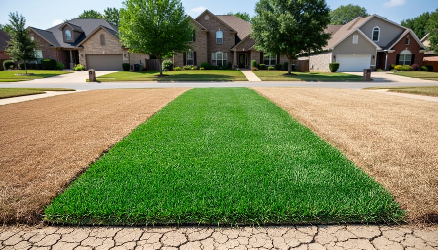 Side-by-side comparison of green zoysia grass next to brown drought-stressed lawn