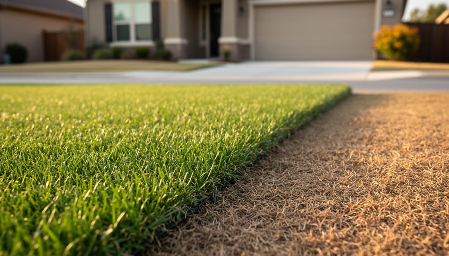 Ground-level close-up of vibrant green zoysia grass contrasting with dormant brown neighboring lawns in a suburban yard under warm evening light.