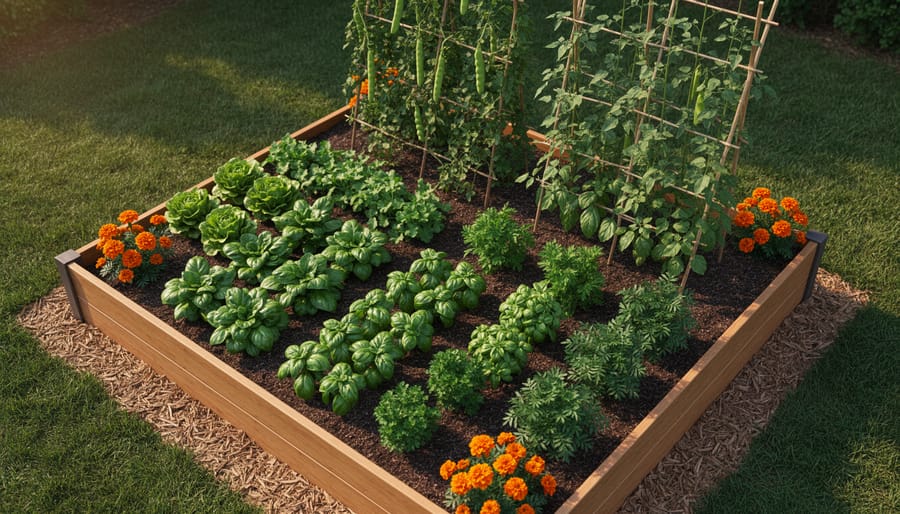 Overhead view of 8x4 raised garden bed with organized vegetable plantings