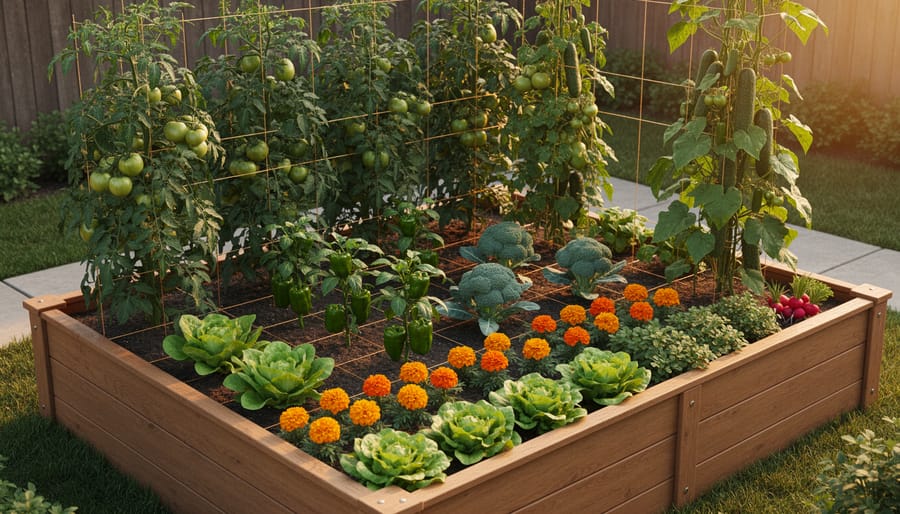 An 8-by-4-foot raised garden bed seen from a slightly elevated angle with a string grid; trellised tomatoes, pole beans, and cucumbers at the back, peppers and broccoli in the center, and lettuce, radishes, and herbs at the front, with orange marigolds interplanted; warm golden-hour light; blurred backyard fence and path.