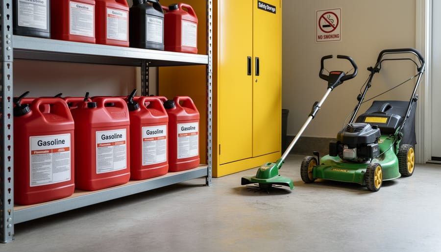 Approved red fuel safety containers stored on garage shelf