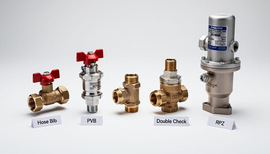 Various types of backflow prevention devices displayed showing different valve configurations