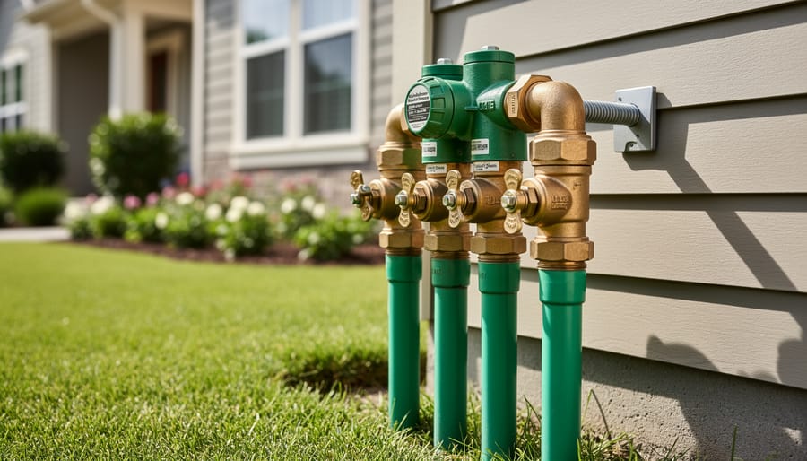 Close-up of brass backflow preventer valve installed on outdoor water pipe