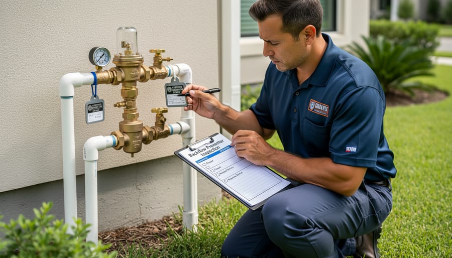 Homeowner inspecting and maintaining backflow prevention device on lawn irrigation system