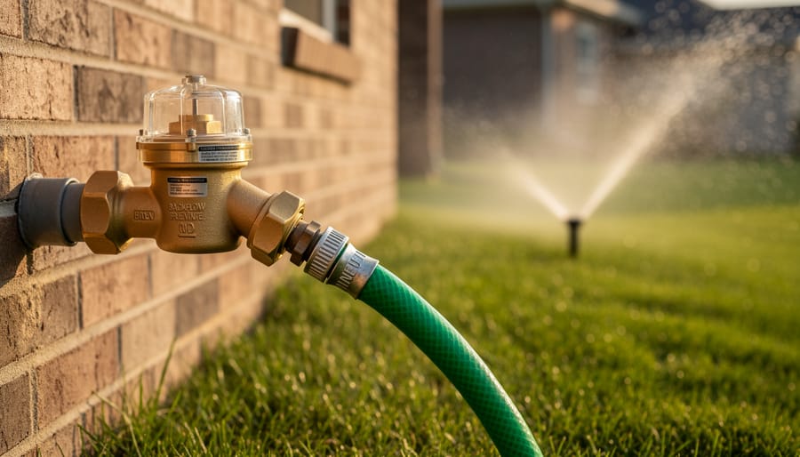Brass backflow preventer on an outdoor irrigation line with a green hose, with a lawn sprinkler misting a lush yard in the softly blurred background at golden hour.