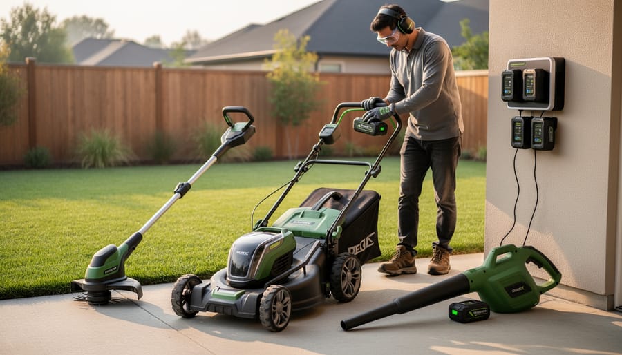 Cordless electric lawn mower battery charging on wall-mounted station
