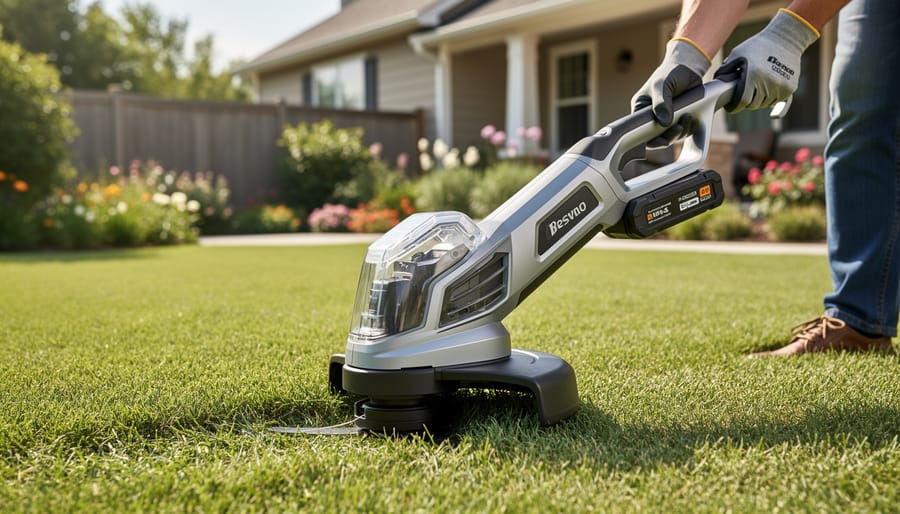 Person using battery-powered string trimmer along lawn edge with confident posture