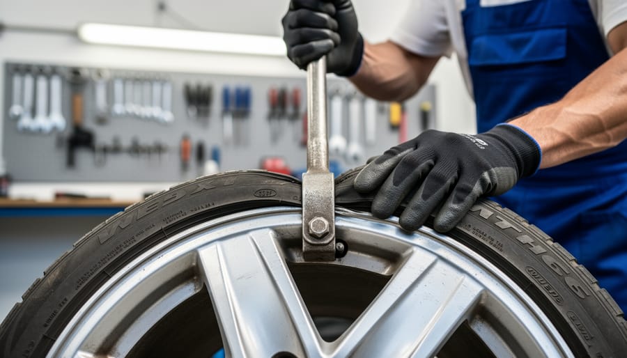Hands using tire iron to break bead on John Deere lawn mower tire