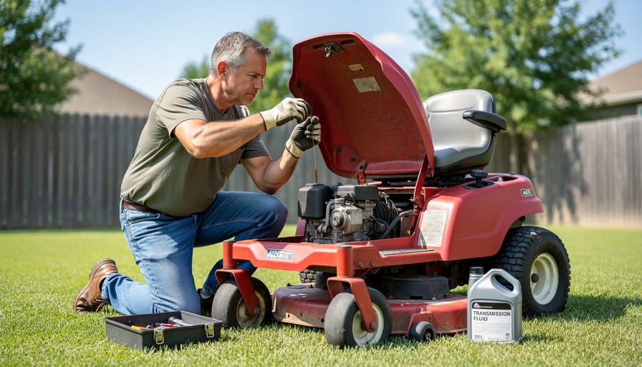 Mechanic checking transmission fluid level on riding mower dipstick