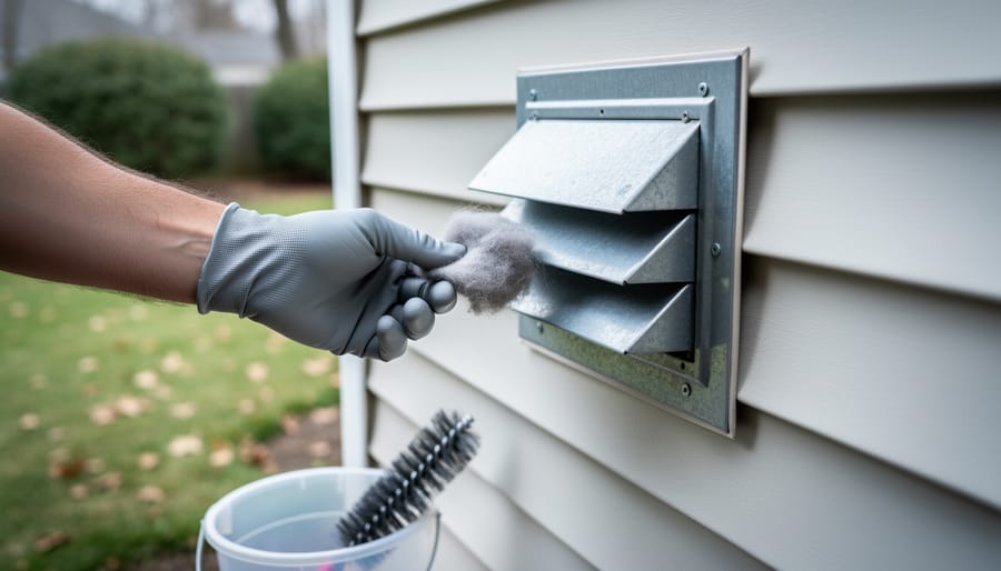 Gloved hand removing a large clump of lint from a metal louvered exterior dryer vent on house siding, with a stiff brush and small bucket nearby and a blurred yard with fallen leaves in the background.