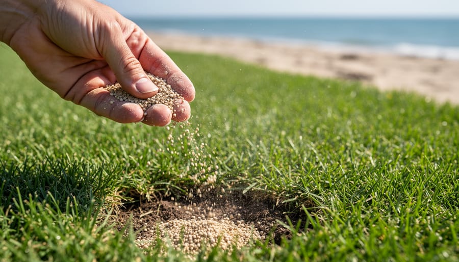 Applying granular fertilizer to coastal lawn with ocean visible in background
