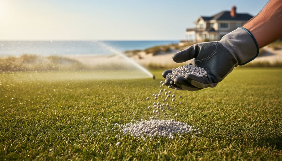 Gloved hand broadcasting slow-release fertilizer onto a coastal lawn while a sprinkler waters deeply, with blurred ocean, dunes, and a beach house in the background.