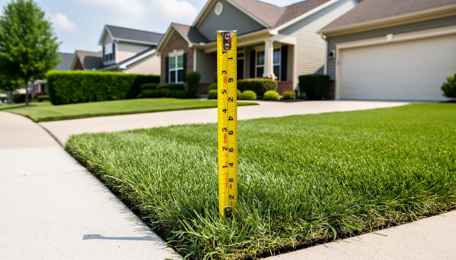 Well-maintained residential lawn at compliant grass height with suburban home in background