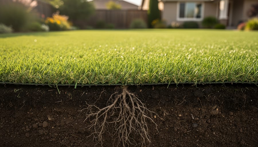 Cross-section view of grass roots extending deep into soil layers