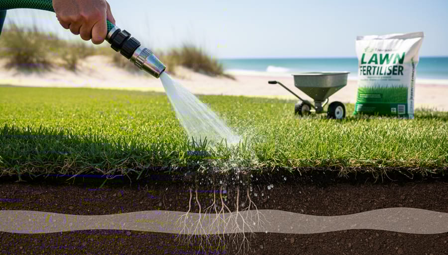 Irrigation sprinkler deeply watering coastal lawn to leach salts
