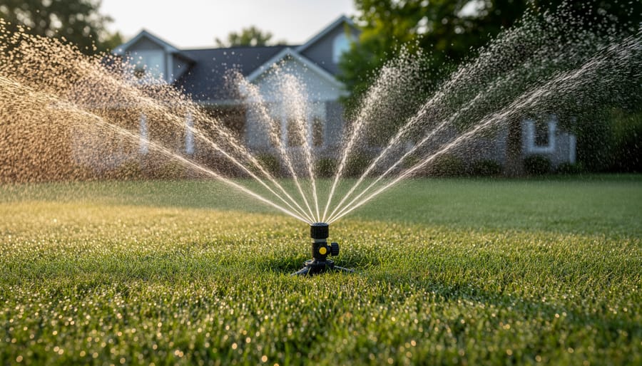 Ground-level view of an oscillating sprinkler casting arcing streams across a lush green lawn at golden hour, with a softly blurred suburban house and trees behind.