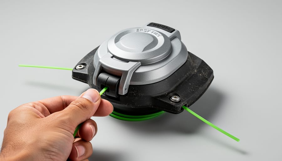 Close-up of hands operating tool-free release mechanism on string trimmer head