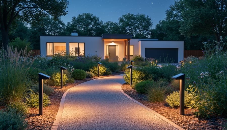 Dusk garden pathway illuminated by downward-facing solar LED lights, bordered by native plants, with a modern house and shielded porch light in the background under a subtly starry sky.