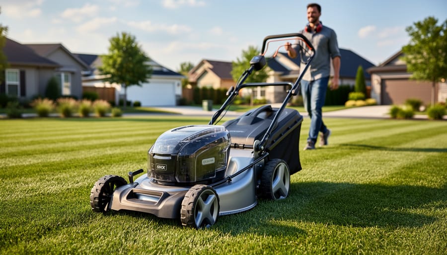 Cordless electric lawn mower on freshly mowed suburban lawn