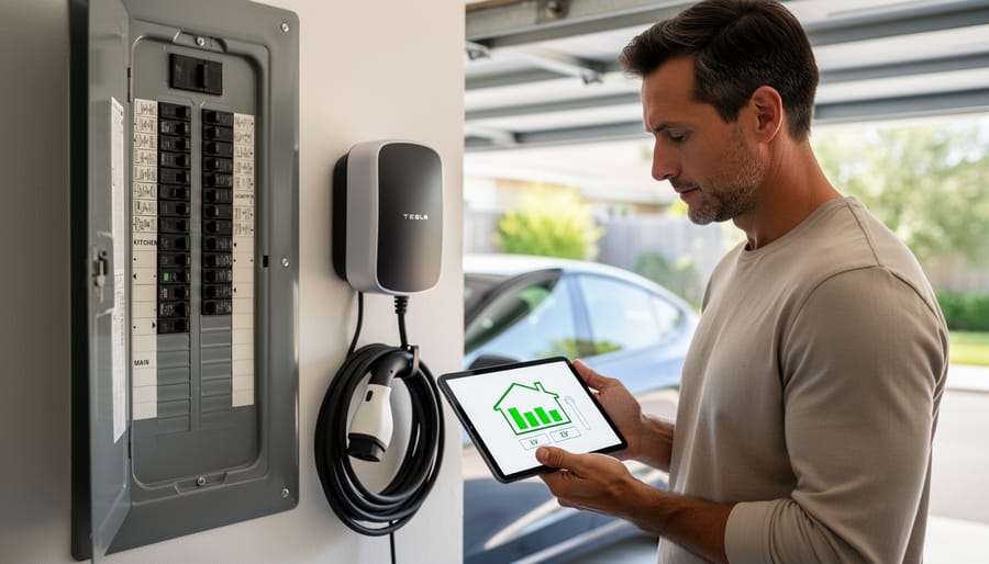 Home electrical panel and smart EV charger installation showing proper setup